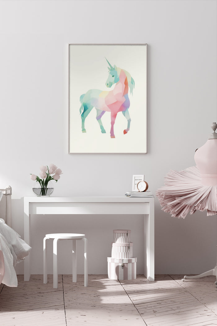 Geometric abstract unicorn poster in a modern bedroom interior