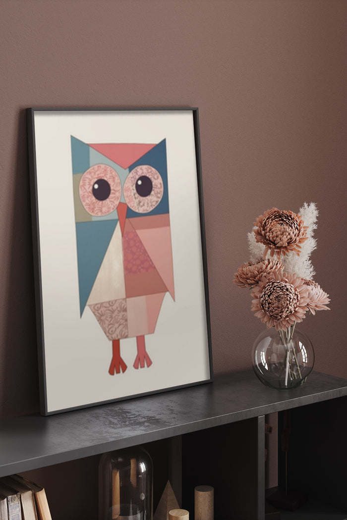 Modern geometric owl artwork poster in a stylish home interior setting