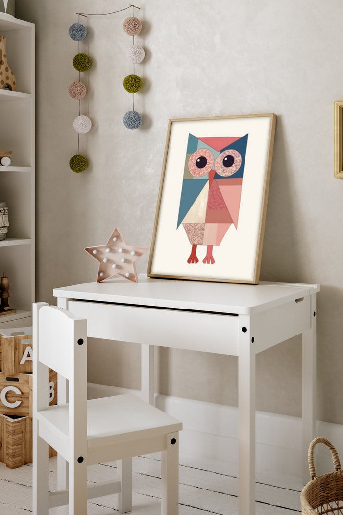 Modern geometric owl artwork in a stylish nursery room setting