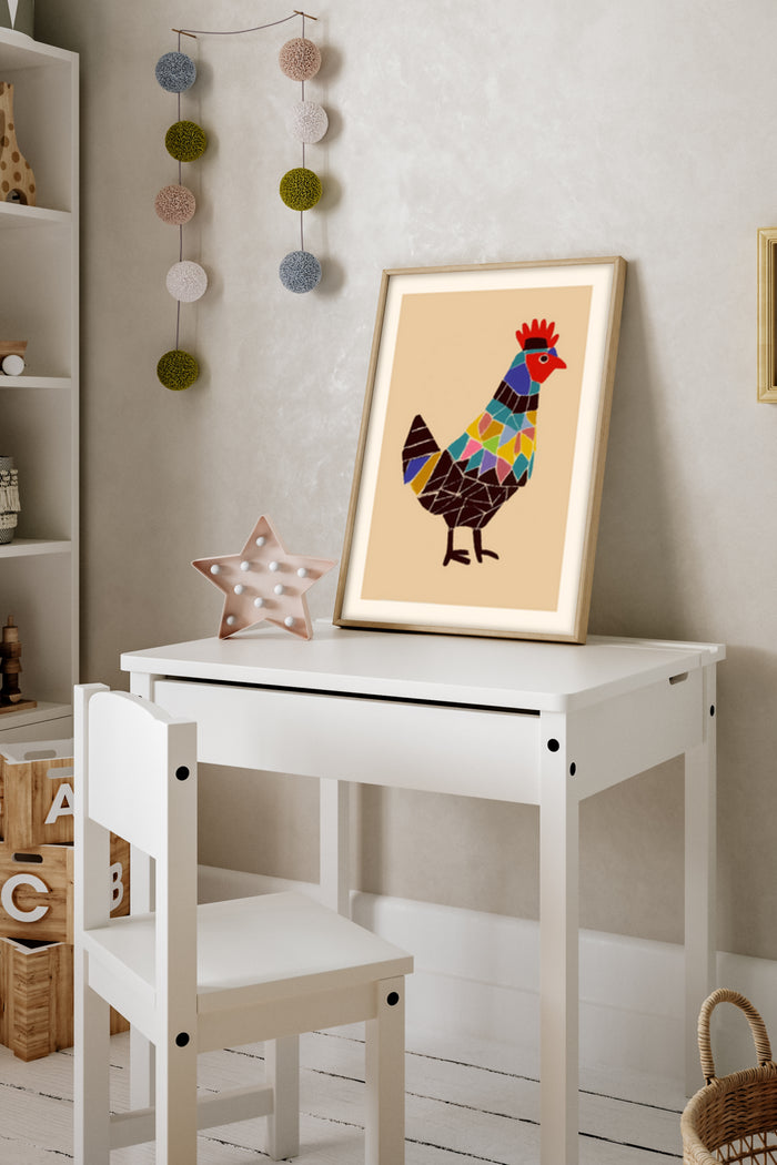 Colorful geometric patterned rooster poster framed on a wall in a stylish nursery room interior