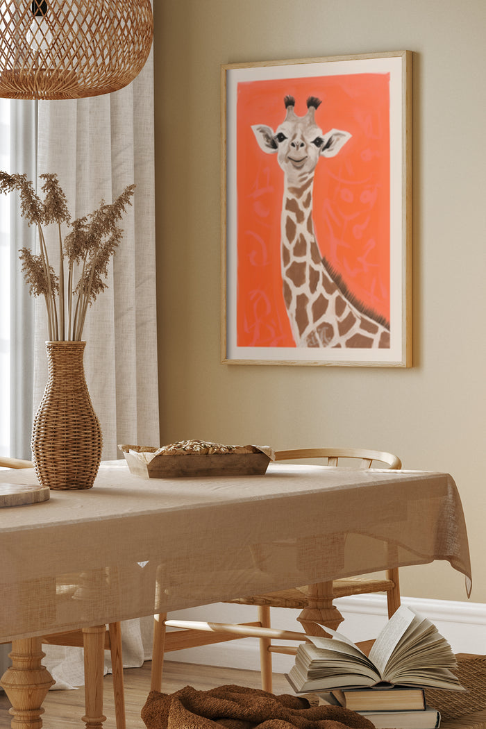 Colorful giraffe portrait painting on wall in contemporary dining room decor