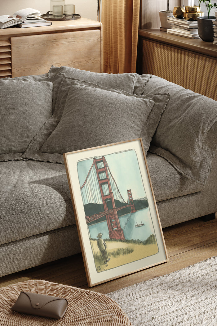 Vintage illustration poster of Golden Gate Bridge displayed in a cozy living room setting