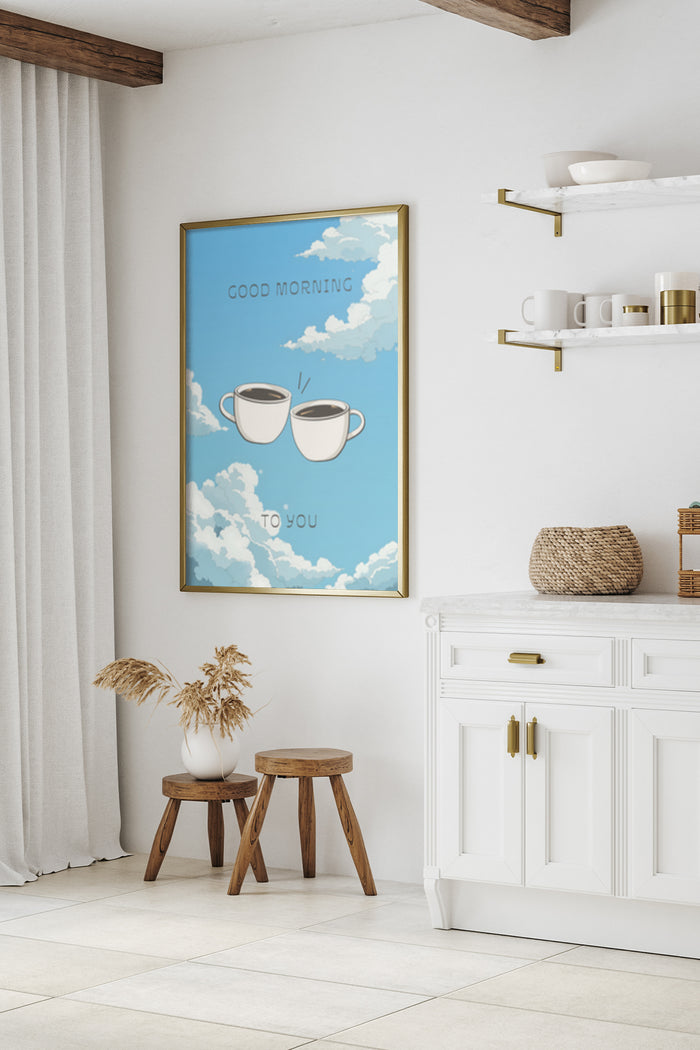 Good Morning Poster with Coffee Cups and Blue Sky Background in Modern Kitchen