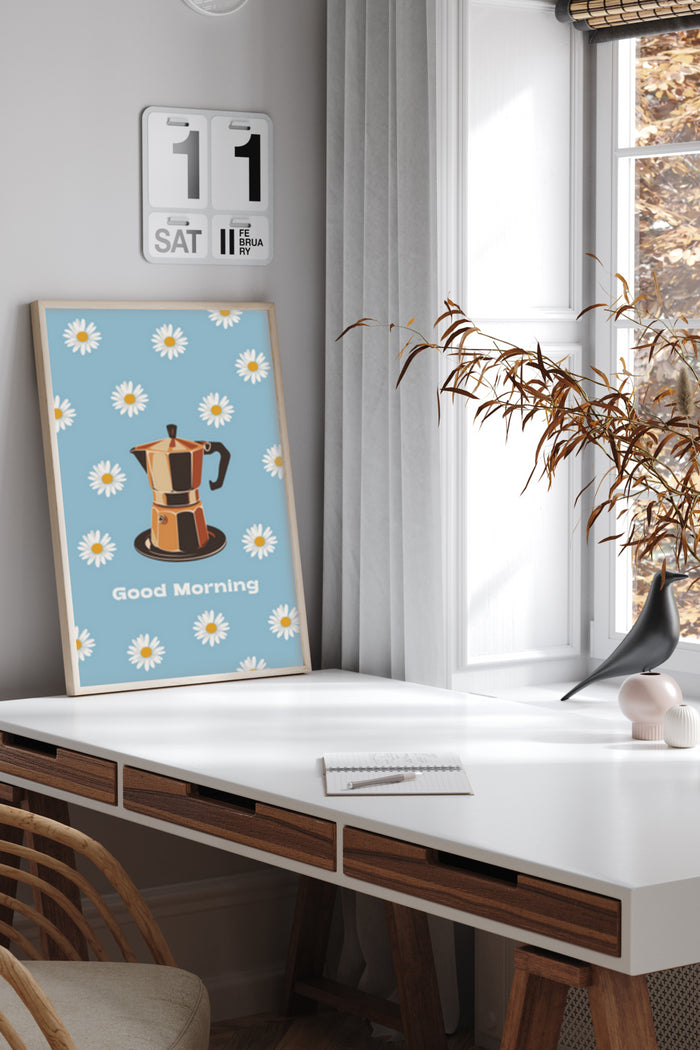 Artwork featuring a Good Morning message with illustrated coffee pot and daisy flowers