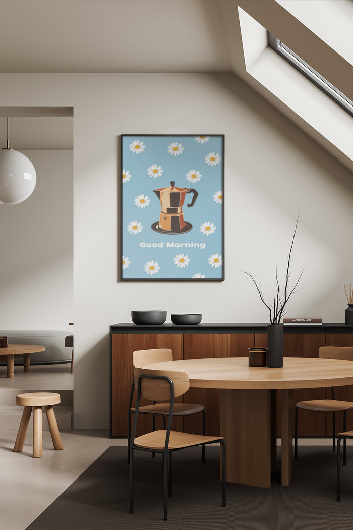 Minimalist Good Morning poster with coffee maker and daisies