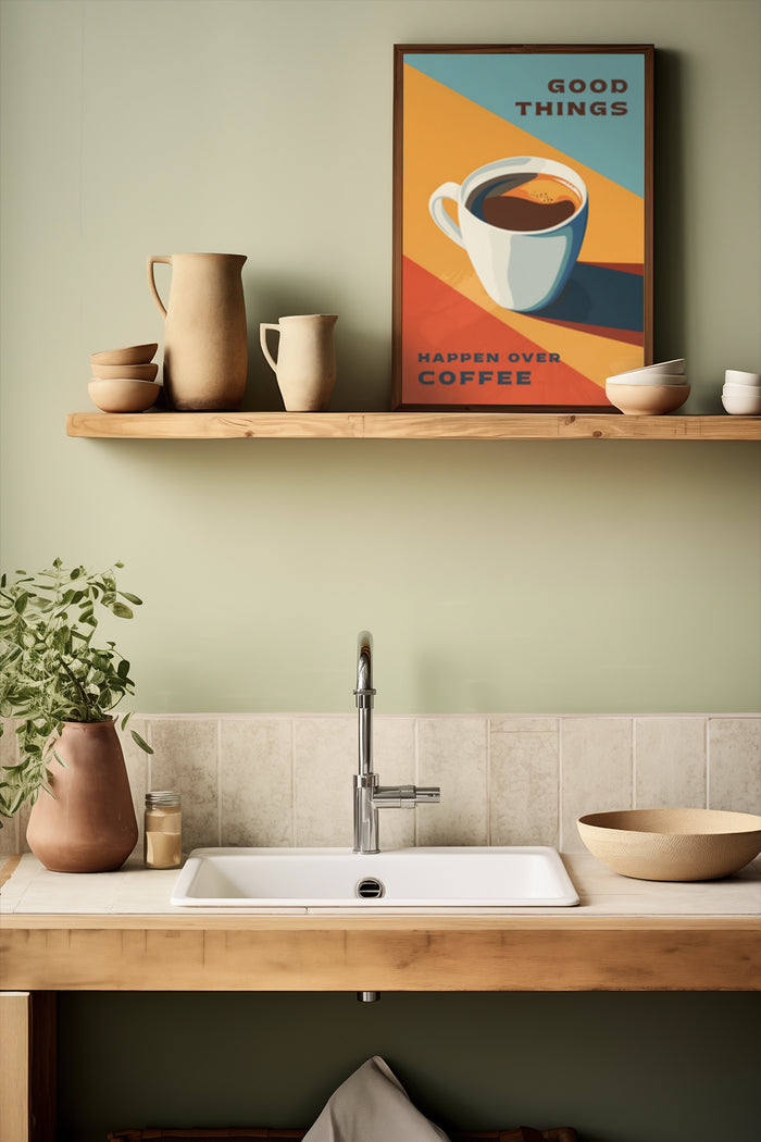 Kitchen interior with inspirational coffee poster saying Good Things Happen Over Coffee