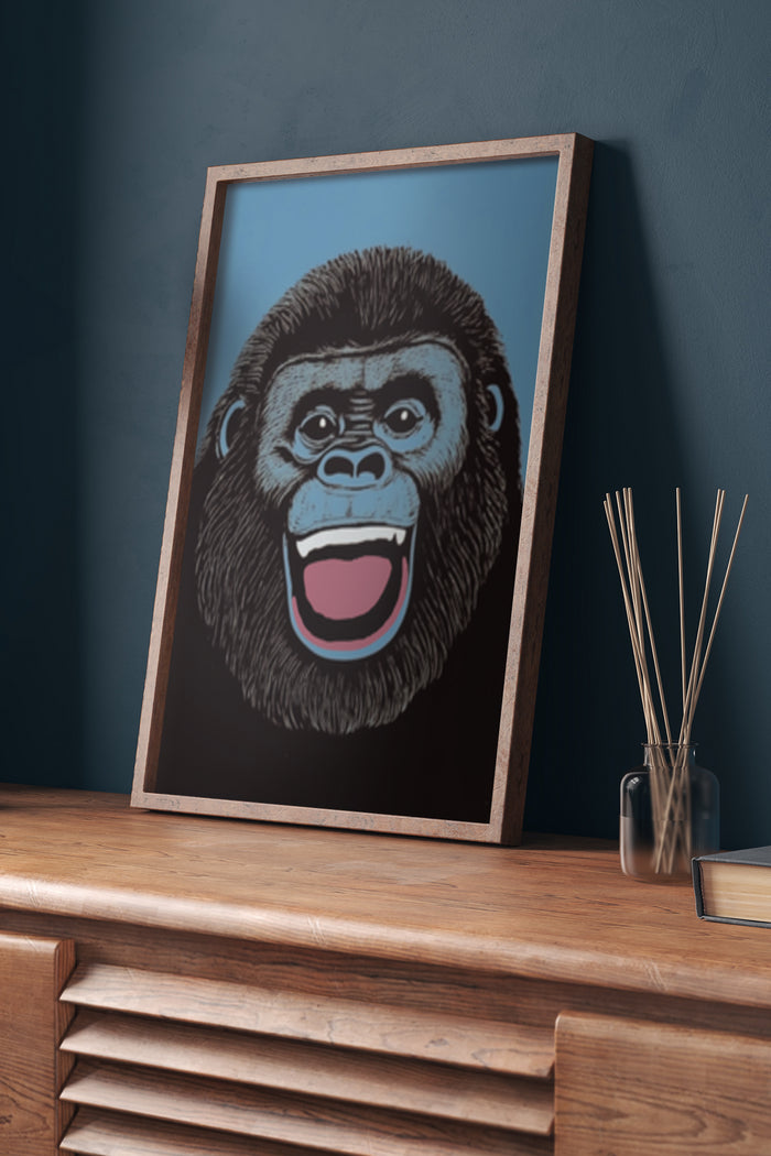 Framed gorilla artwork poster in a modern home setting