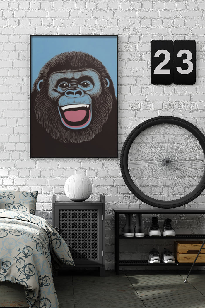 Cartoony gorilla face with open mouth and blue background pop art poster framed on a white brick wall in a stylish bedroom setting