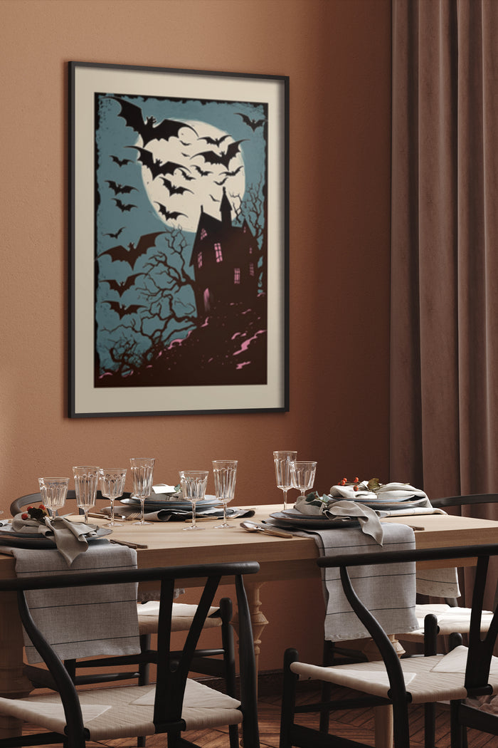 Gothic style haunted house with bat silhouettes art poster in dining room