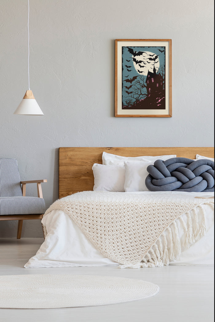 Gothic style poster with bats flying over a haunted house, displayed in a modern bedroom setting