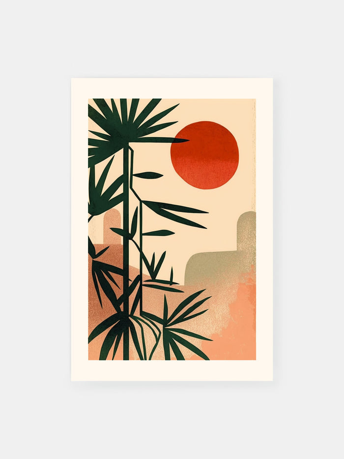 Grafik Bambus unter roter Sonne Poster
