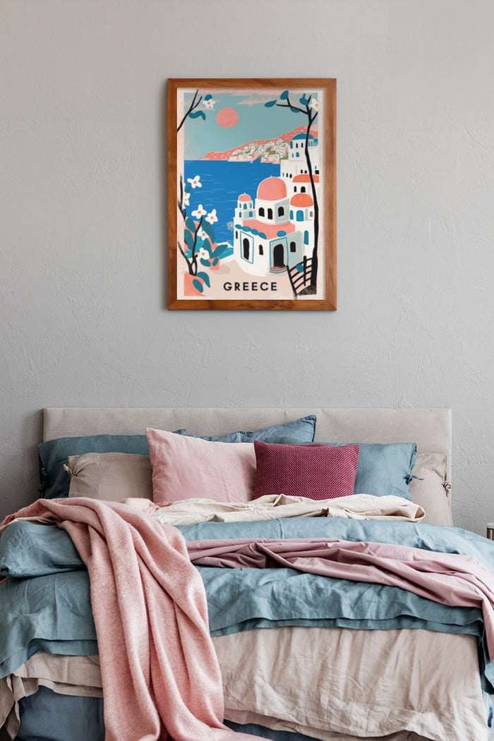 Greece travel poster with traditional architecture and blossoms hanging on a bedroom wall