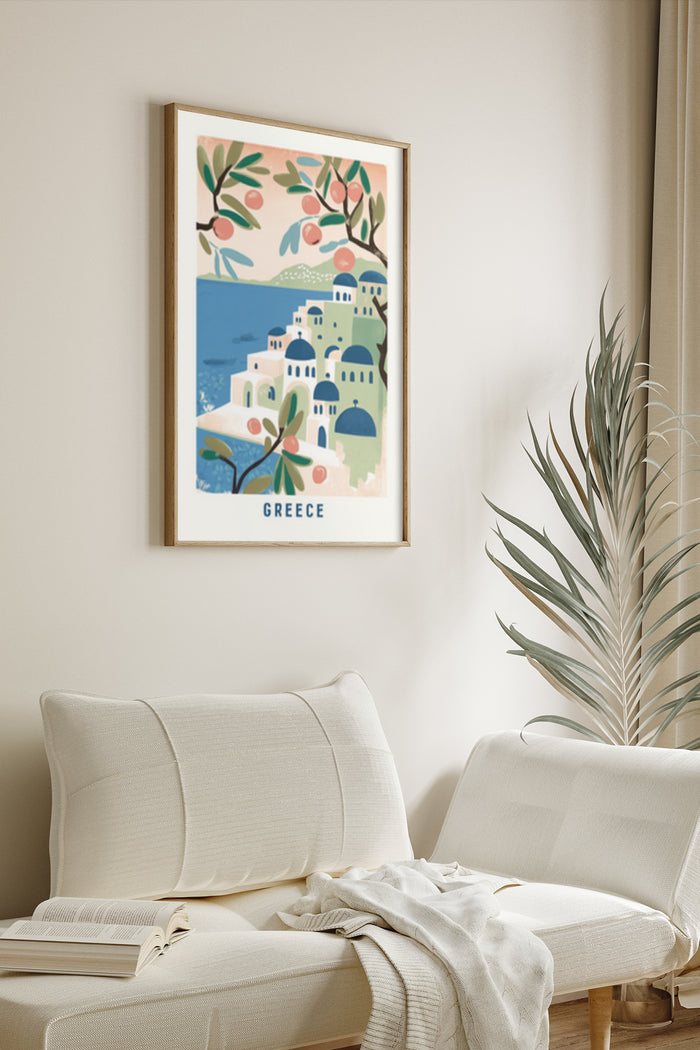 Illustrated Greece travel poster with iconic architecture and olive branches, beautifully framed and displayed in a cozy living room setting