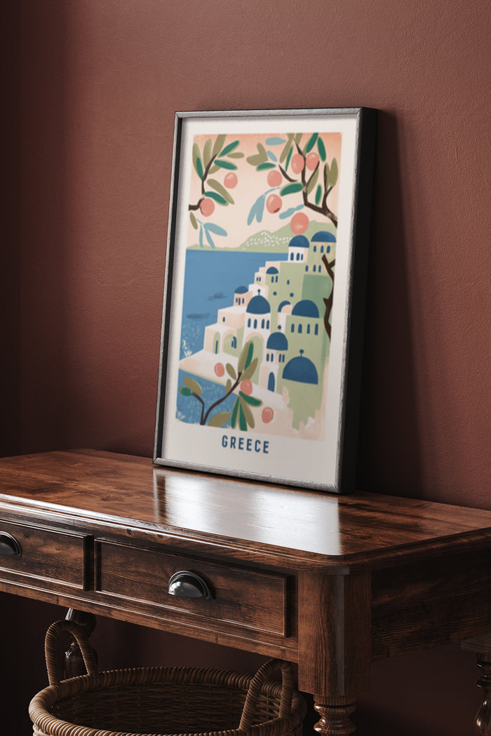 Framed Greece travel poster with olive branches and iconic Santorini architecture