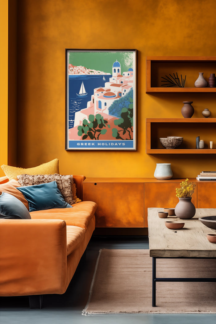 Illustrative travel poster of Greek coastal landscape for holidays displayed in modern living room interior