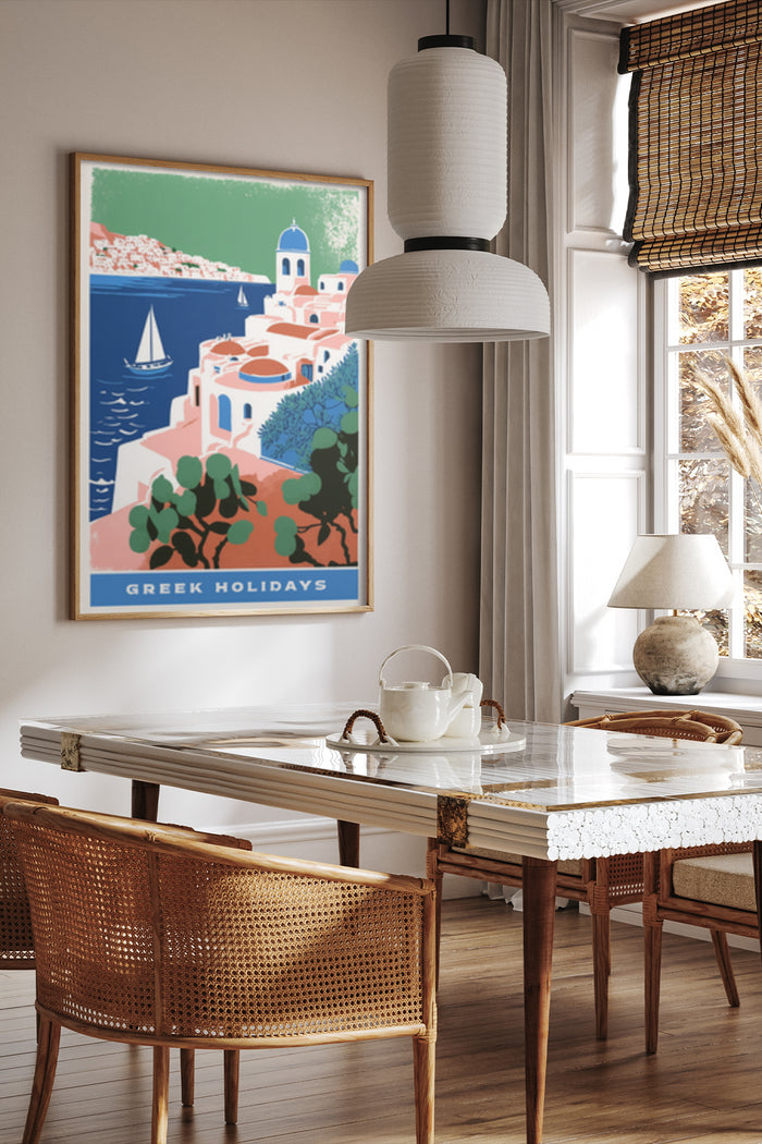 Vintage Greek Holidays travel poster displayed in a contemporary home setting