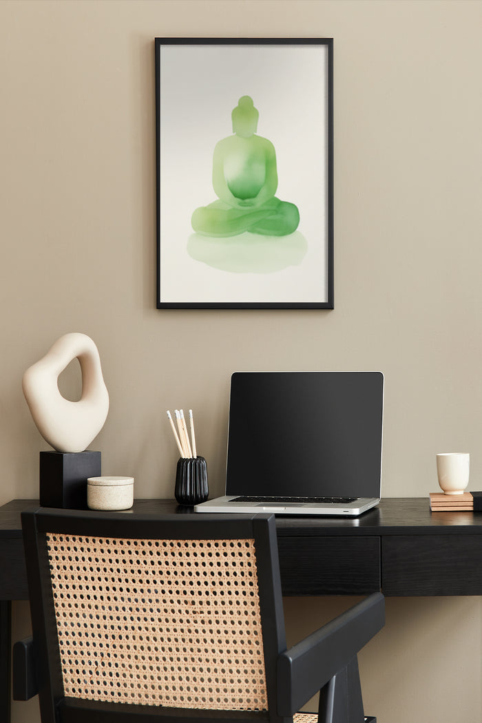 Green Abstract Buddha Painting in Modern Home Office Setting