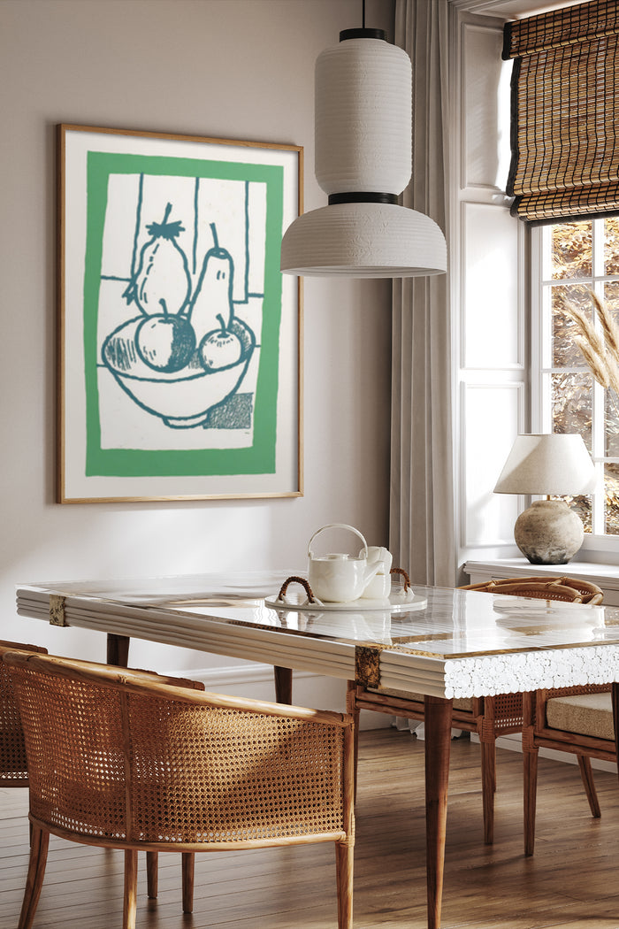 Modern dining room interior with green and white still life fruit bowl artwork poster on wall