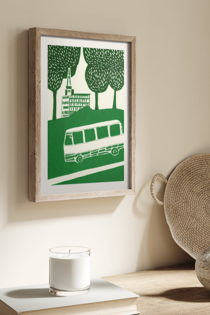 Stylized green-colored poster of vintage bus with city and trees decor