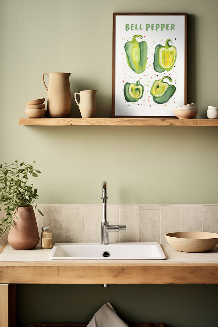 Green Bell Pepper Watercolor Poster in Kitchen Interior