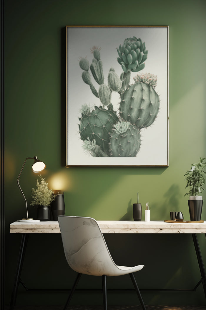 Elegant office interior with a framed poster of green cacti, accompanied by a sleek white chair and wooden desk