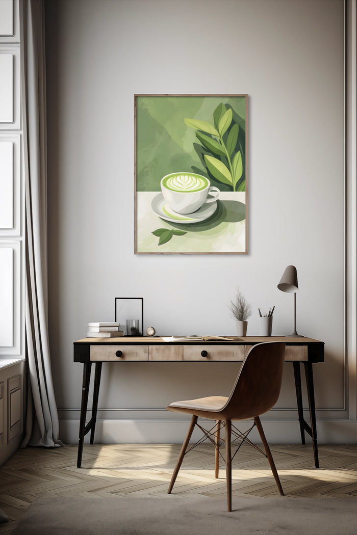 Stylish interior design with green coffee cup artwork poster on the wall