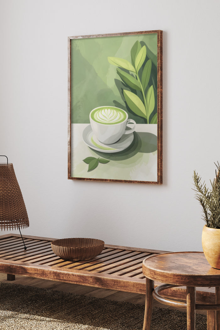 Modern green coffee cup poster with leaf design on wall interior setting
