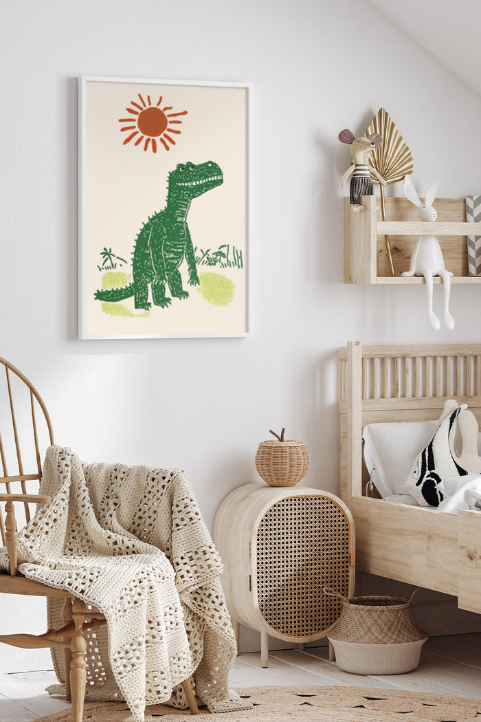 Stylish green dinosaur illustration with sun poster in a modern kids' room decor