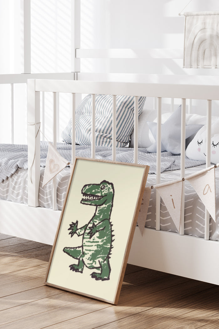 Green dinosaur cartoon poster in stylish children's room