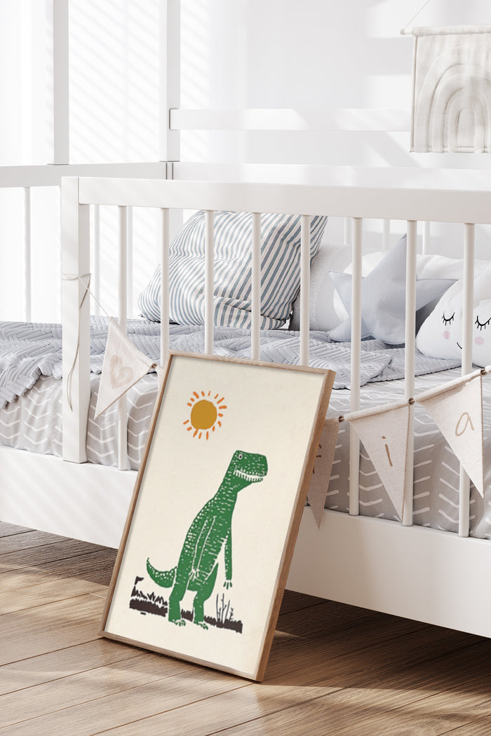 Green dinosaur with sun illustration poster in kids bedroom decor