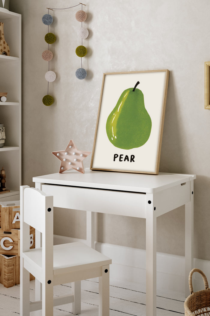 Stylish green pear artwork poster with the word 'PEAR' displayed in a modern nursery room