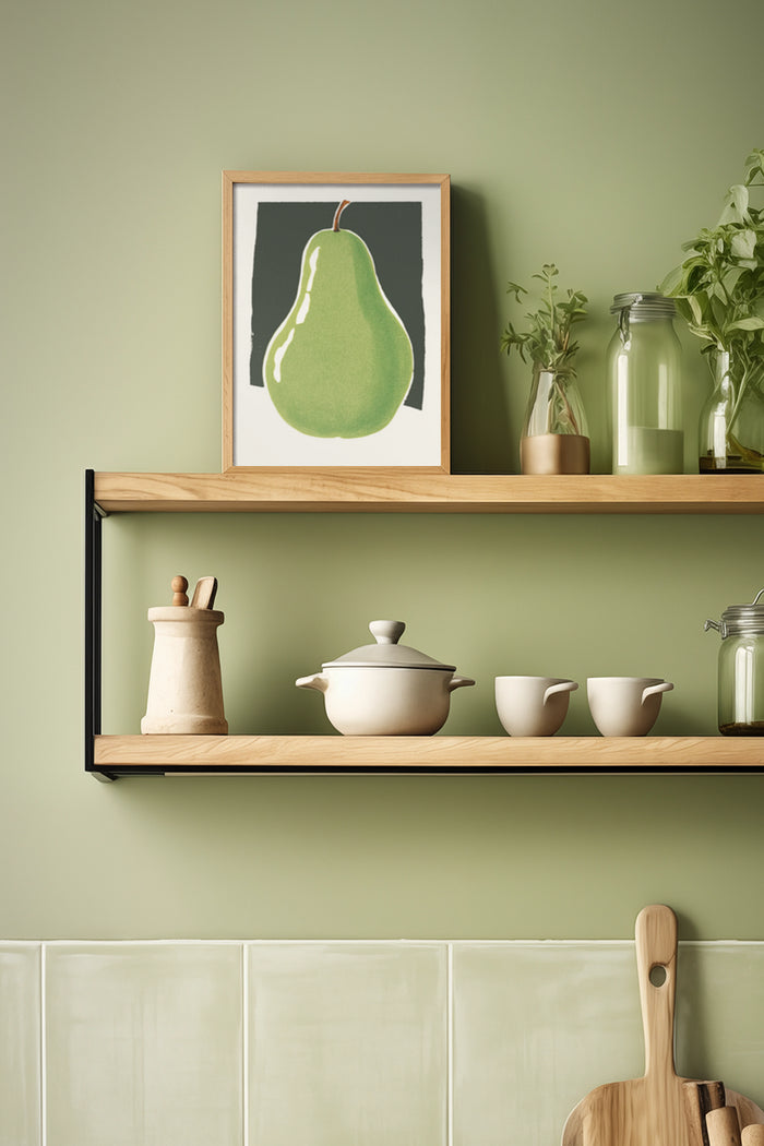 Modern kitchen interior with green pear artwork in frame on wall shelf