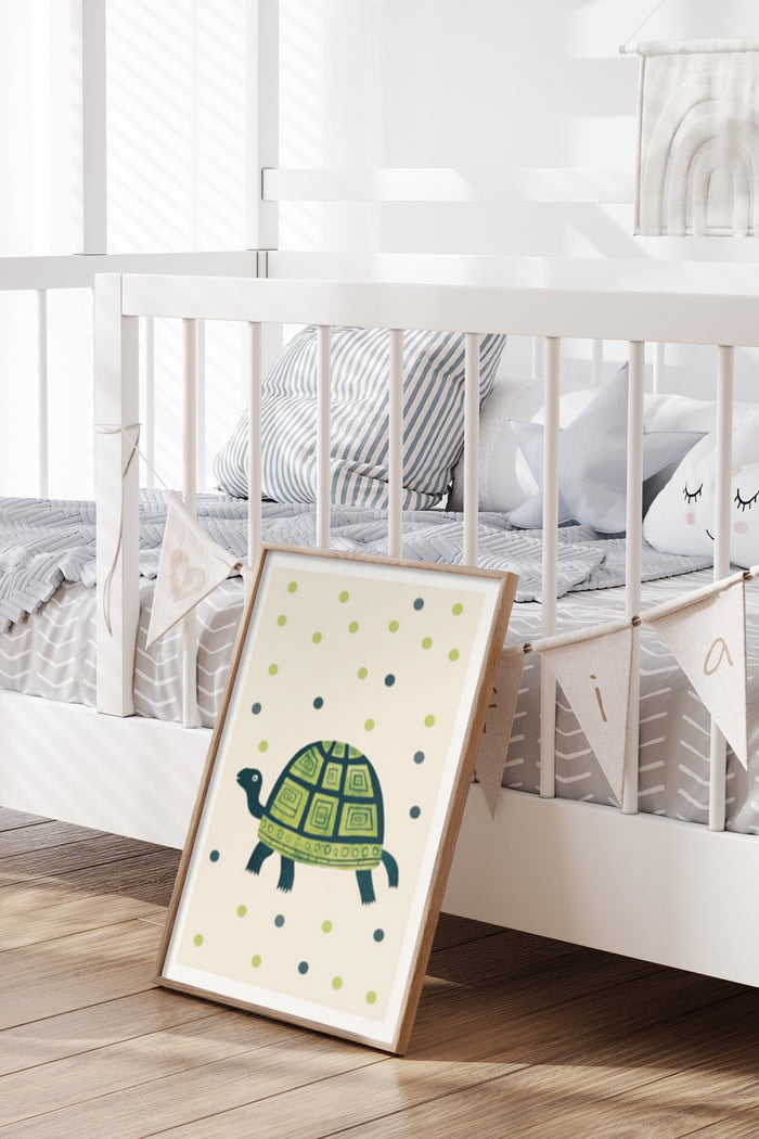 Green turtle illustration poster in a kids' room setting