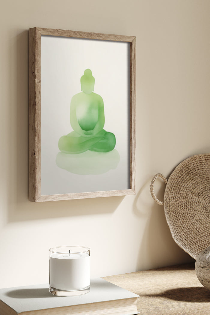 Green Watercolor Buddha Artwork in Wooden Frame Displayed on Wall