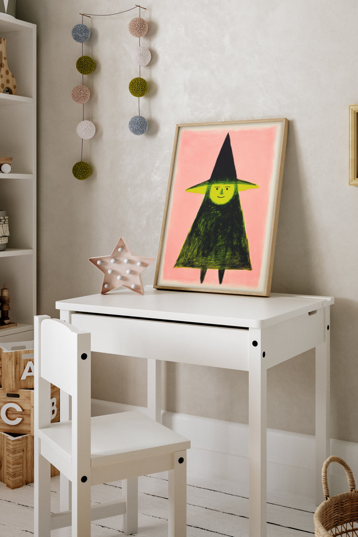 Whimsical green witch artwork poster displayed in a child's room setting
