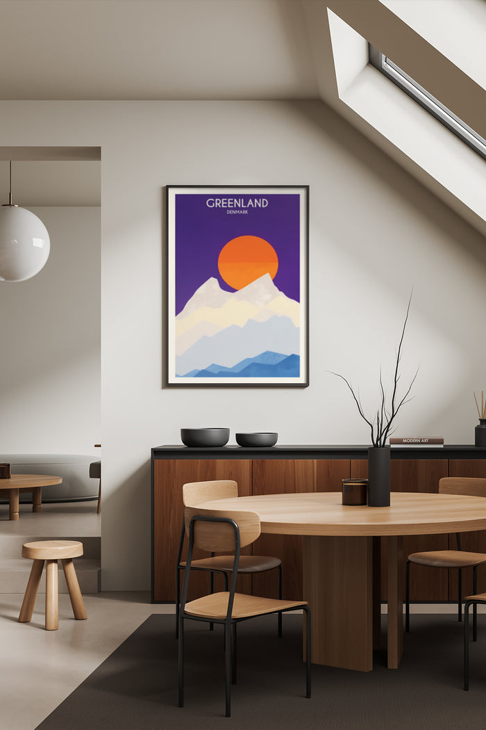 Minimalist illustration of Greenland with mountain and sunrise, travel poster art in modern interior