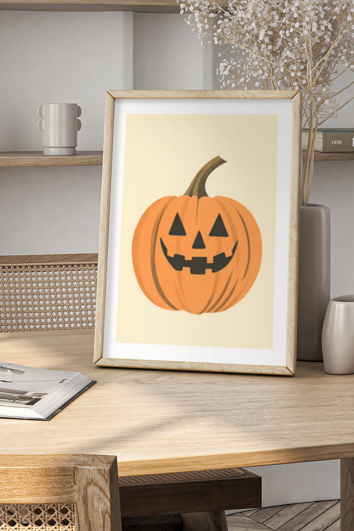 Stylish Halloween Jack-o'-Lantern pumpkin poster in modern frame on home interior shelf