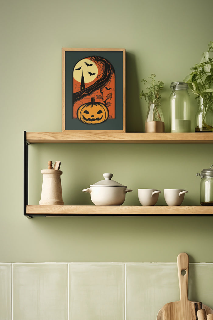 Stylish Halloween poster featuring pumpkin and full moon with spooky elements on shelf in a contemporary kitchen setting