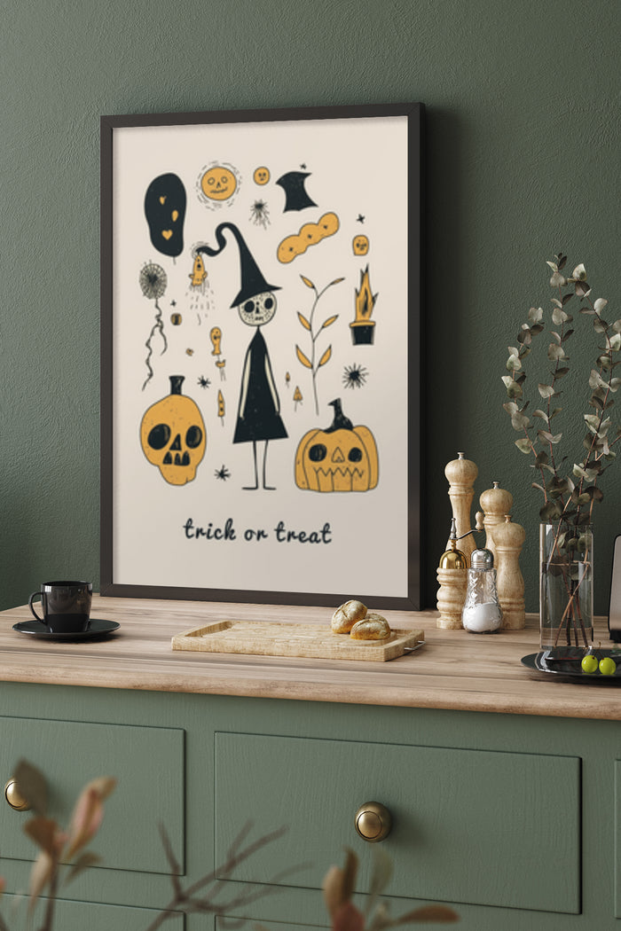 Halloween themed poster with witch, pumpkins, ghosts, and 'trick or treat' text for festive decor