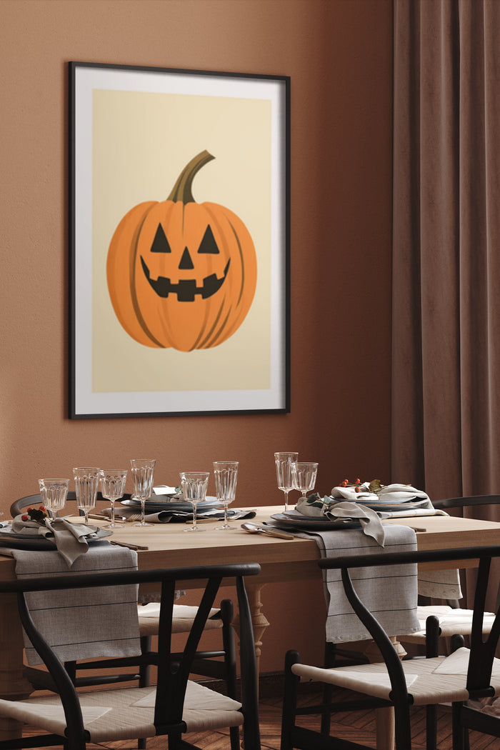 Stylish Halloween pumpkin poster framed on a dining room wall
