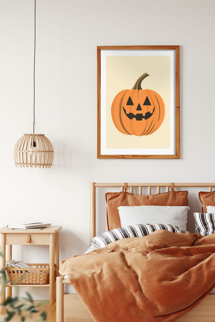 Halloween pumpkin poster on bedroom wall for festive interior decoration