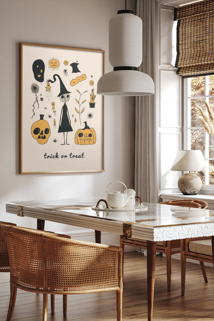 Halloween themed artwork with 'trick or treat' text featuring pumpkins, ghosts, and witch displayed in a stylish dining room