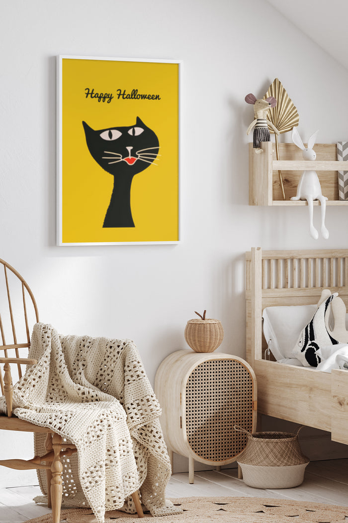 Stylish Happy Halloween black cat poster in a cozy room setting