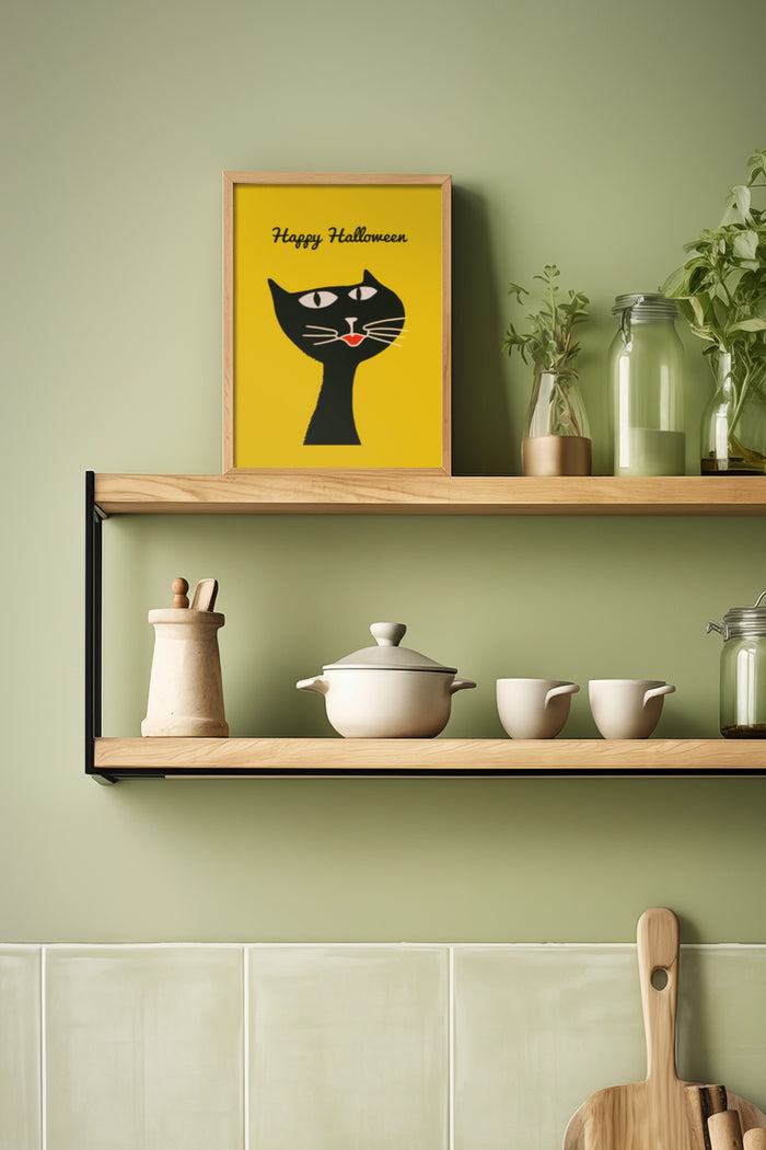 Happy Halloween black cat poster framed on shelf with kitchen utensils and plants in modern interior decor