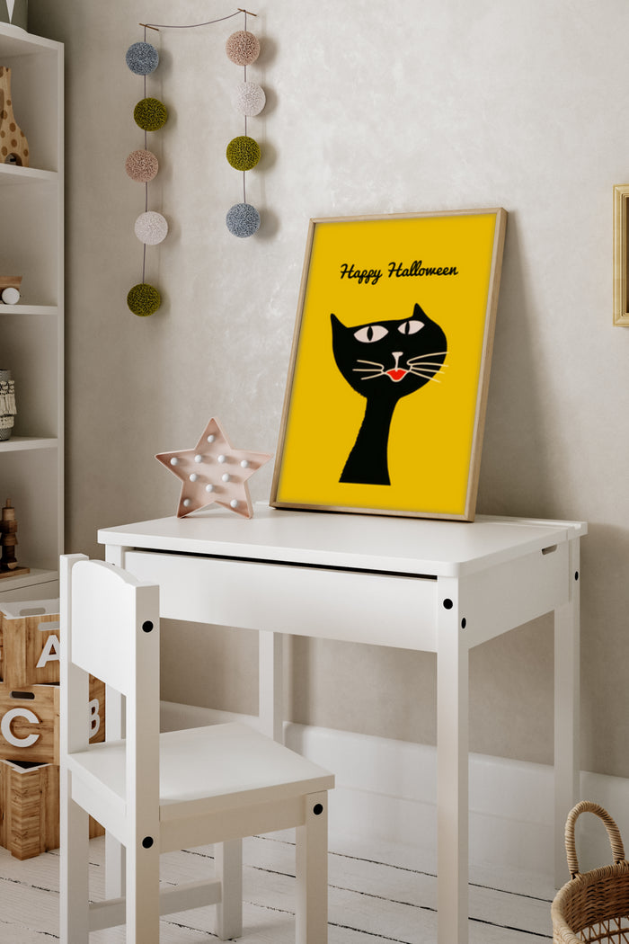 Minimalist Happy Halloween Poster Featuring a Black Cat Design