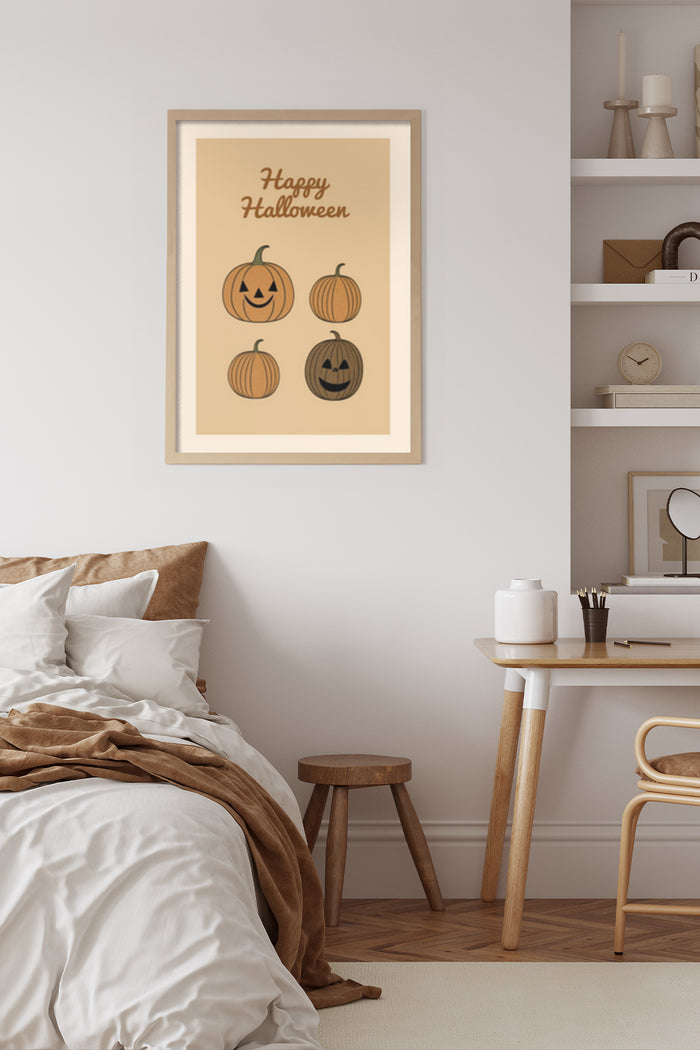 Happy Halloween poster featuring three carved jack-o-lantern pumpkins in a modern bedroom decor