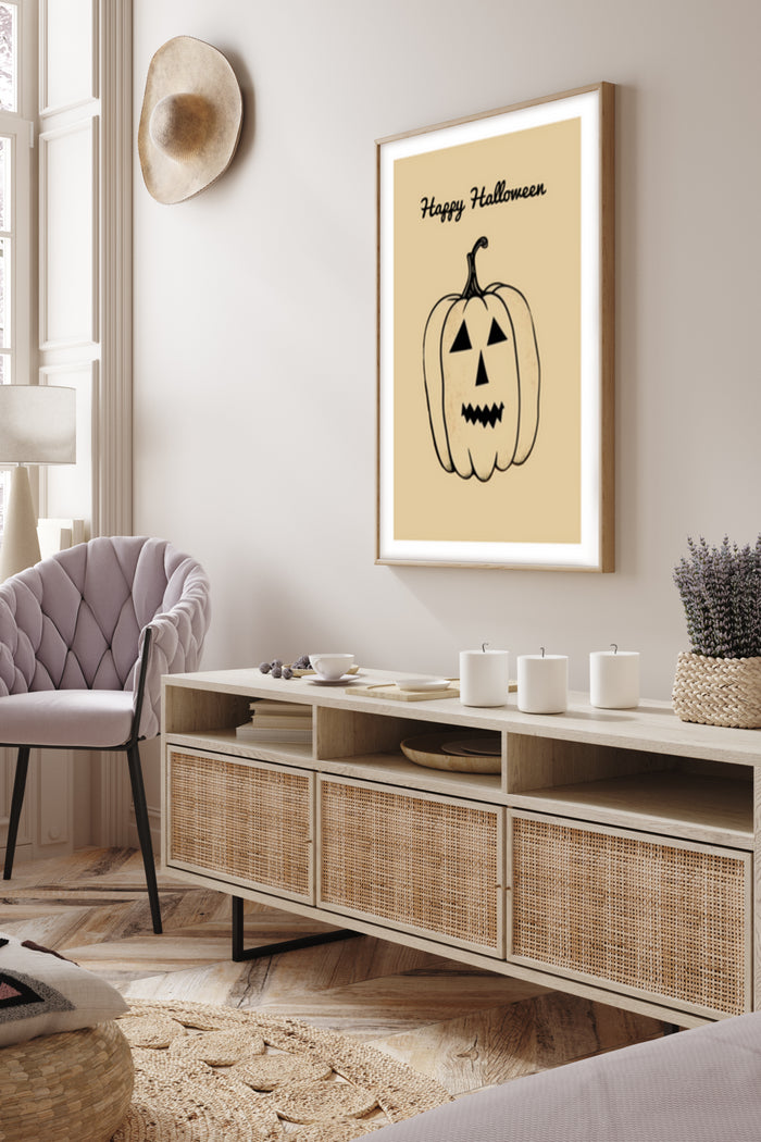 Happy Halloween pumpkin poster with a smiling Jack-o'-lantern mounted on a wall