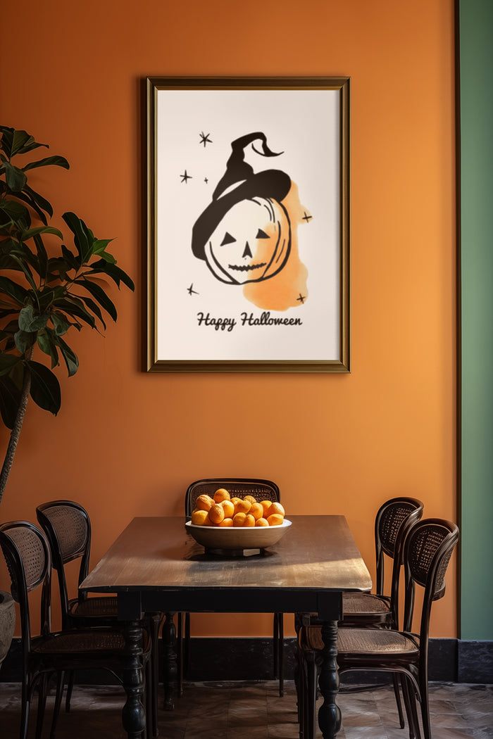 Happy Halloween poster with pumpkin and witch hat in a stylish dining room