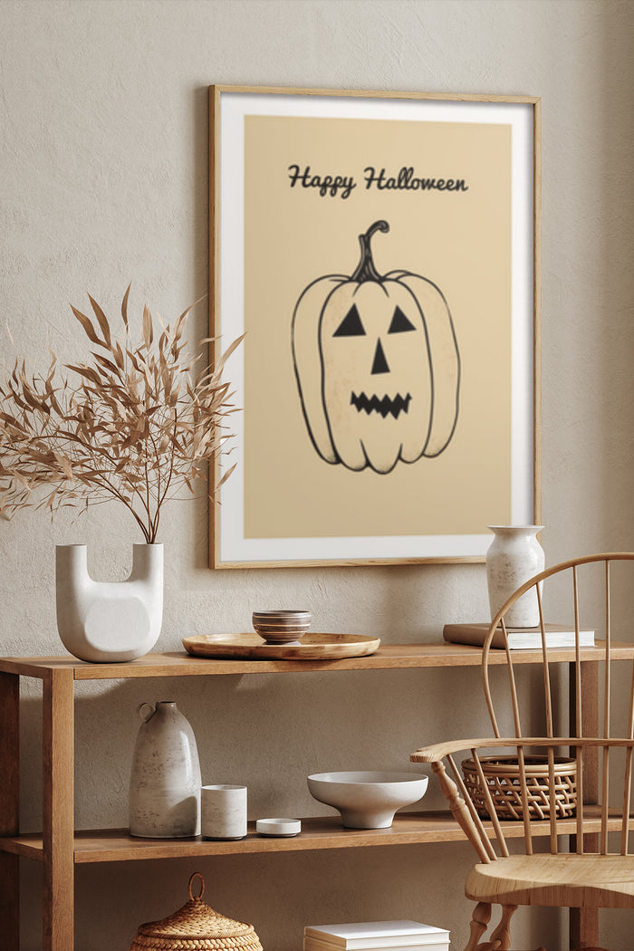 Happy Halloween poster with cartoon pumpkin artwork on wall
