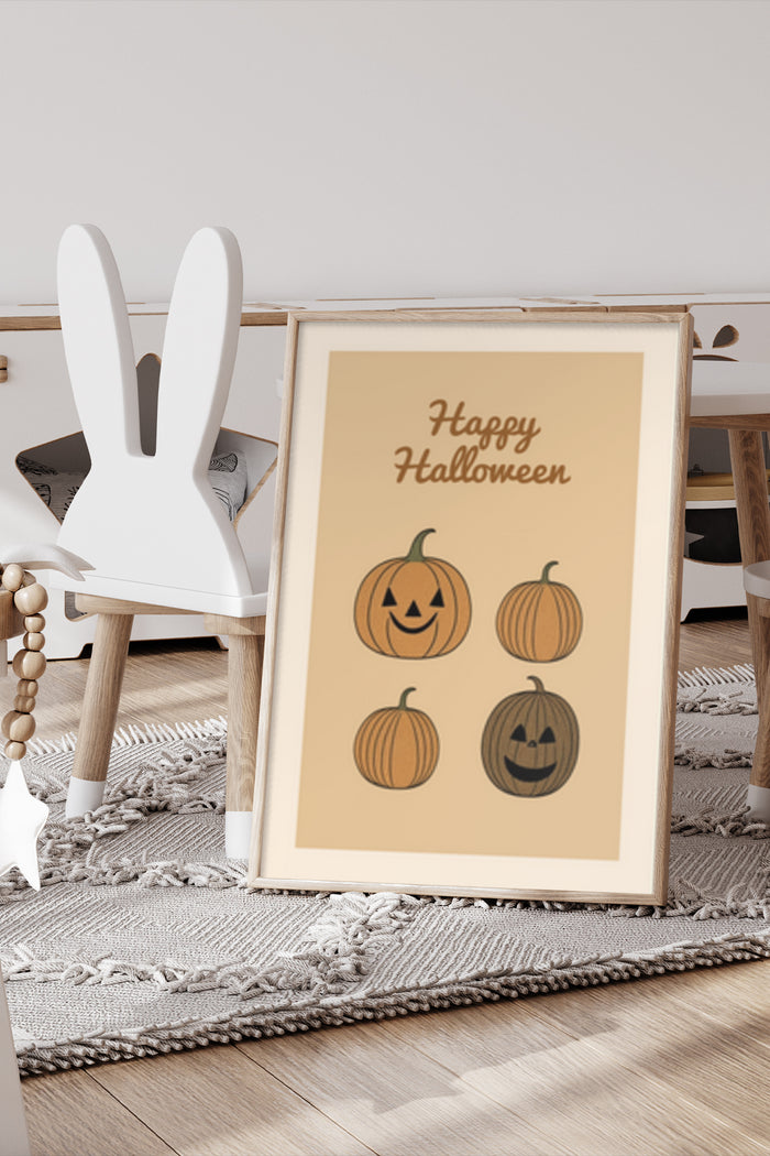 Happy Halloween poster with pumpkin illustrations in a home interior setting
